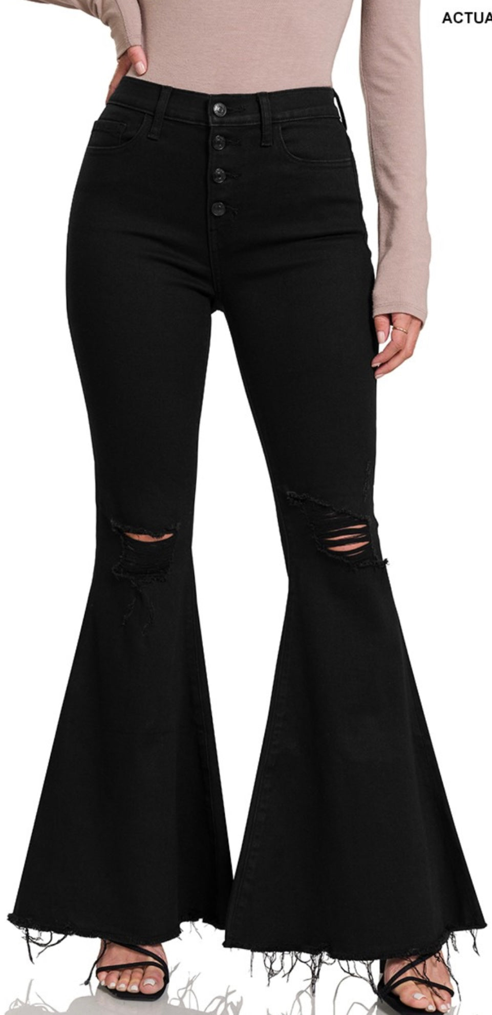 MOLLY DISTRESSED HIGH RISE BELL BOTTOM BLACK JEANS – The Cactus Bar Boutique